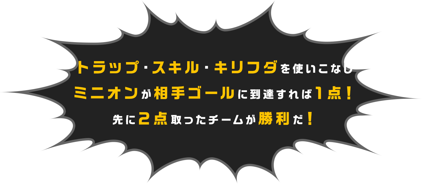 トラップ・スキル・キリフダを使いこなしミニオンが相手ゴールに到達すれば1点！先に2点取ったチームが勝利だ！
